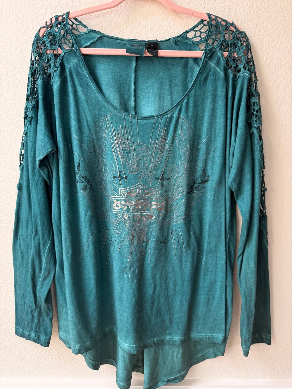Harley Davidson Teal Graphic Top Biker Boho Fairy Grunge Long Sleeve Crochet 1W